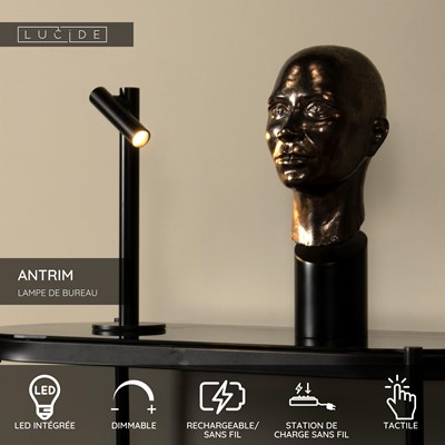 Lucide ANTRIM - Lampe de bureau Rechargeable Intérieur/Extérieur - Batterie/Piles - LED Dim. - 1x2,2W 2700K - IP54 - Avec station de charge sans fil - Noir